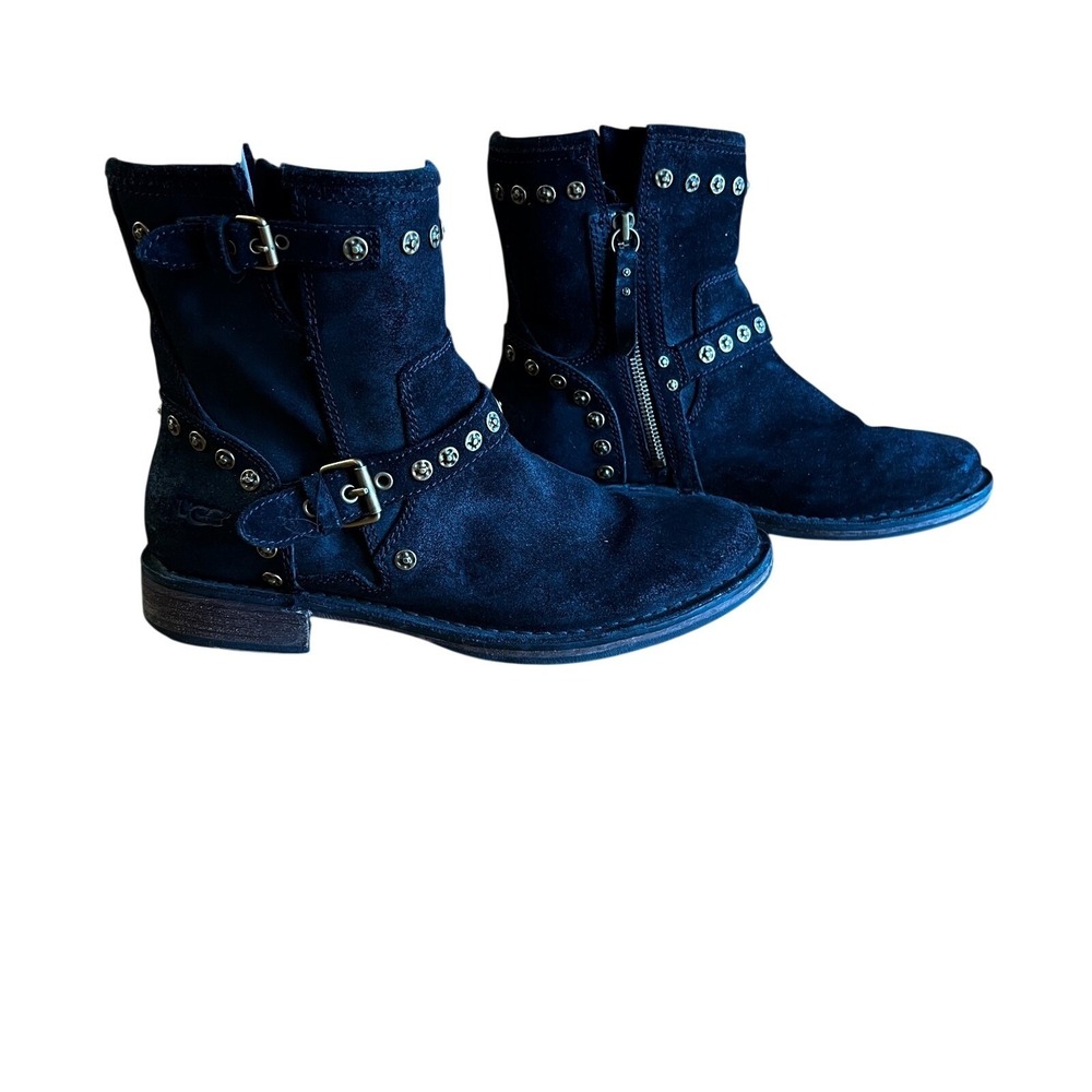 UGG Fabrizia Black Suede Studded Moto Boots Ankle Biker Buckle 1003235‎ Sz 9.5